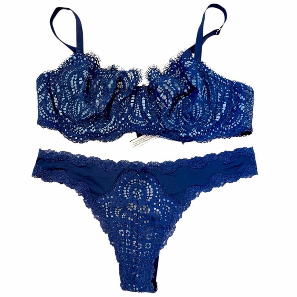NWOT Victoria’s Secret Wicked Unlined Bra & Matching Panty Set, Blue Lace Mesh